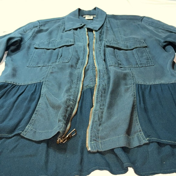 Mac and me Green Flowy zip JACKET office peplum ruffle pockets roll tab sleeves - Picture 7 of 14